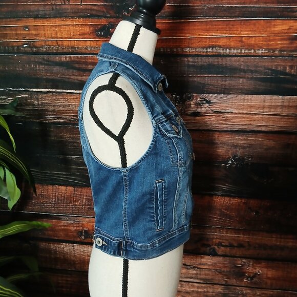 Vanity Y2K Denim Vest Size M Blue Jean Button Front Distressed Cropped - Picture 7 of 10